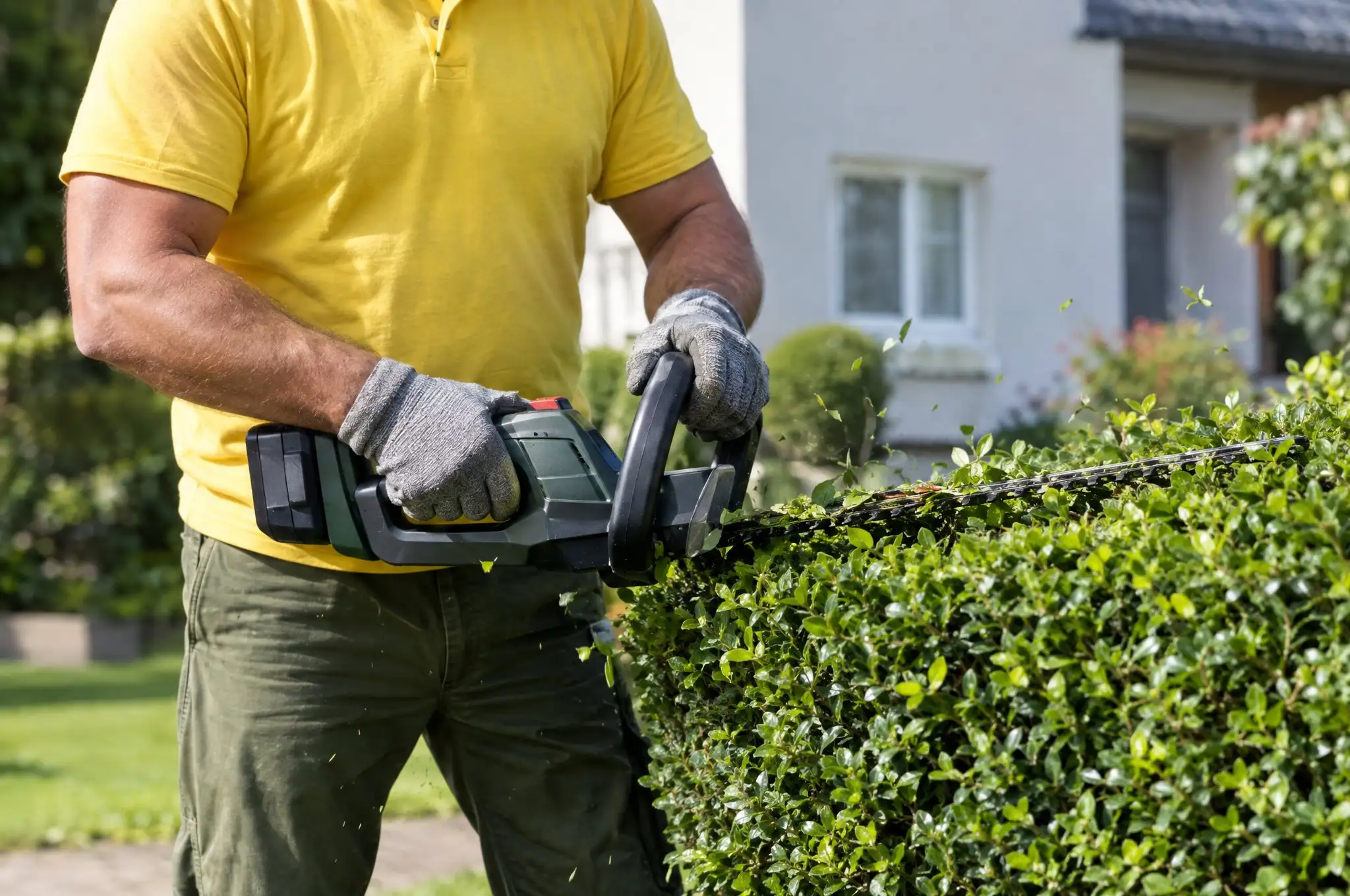 Mann in gelbem Poloshirt und Arbeitshandschuhen schneidet mit einer Akku-Heckenschere eine Hecke im Vorgarten