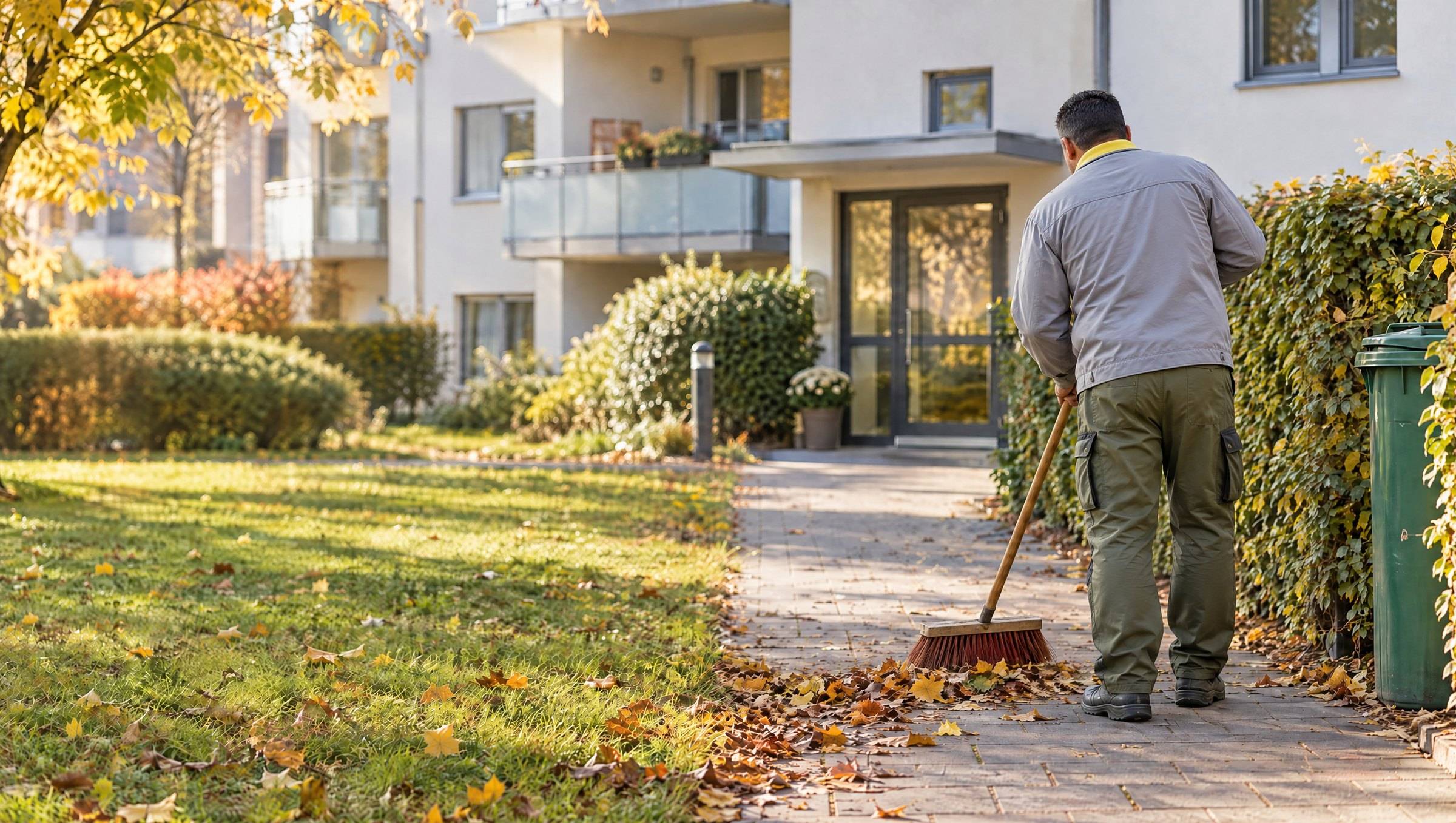 Hausmeister in grauer Arbeitsjacke mit gelbem Kragen fegt, von hinten gesehen, Herbstlaub vom Eingangsweg eines gepflegten Mehrfamilienhauses