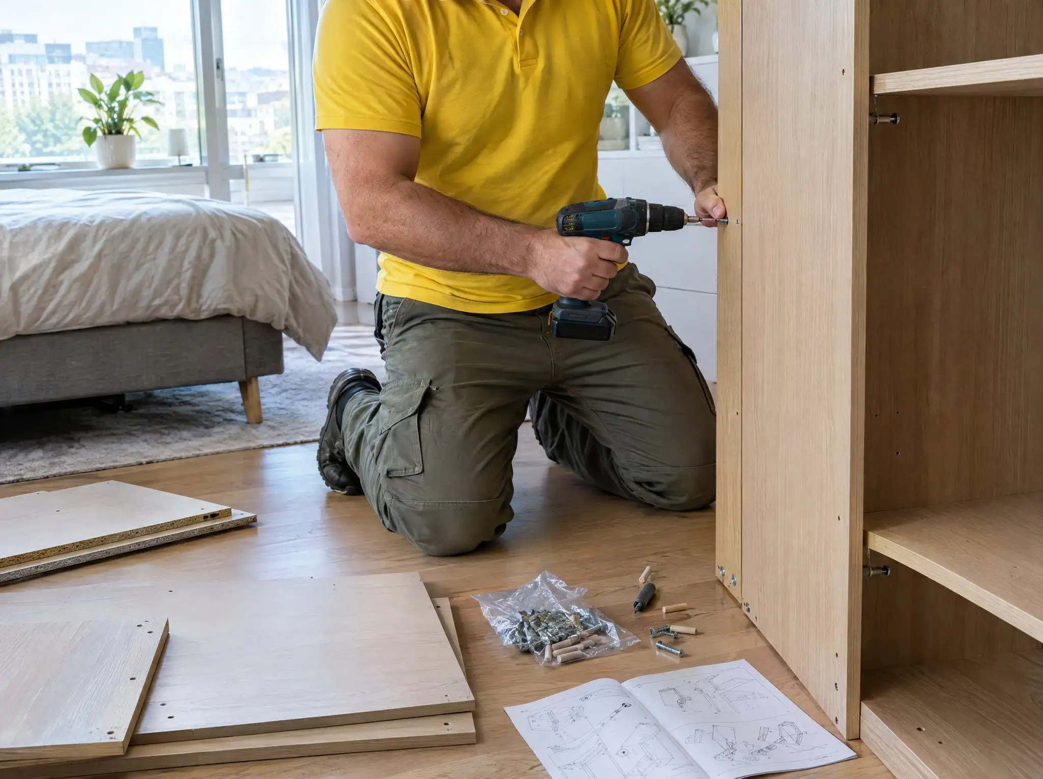 Mann in gelbem Poloshirt baut kniend mit einem Akkuschrauber einen Kleiderschrank aus hellem Holz auf