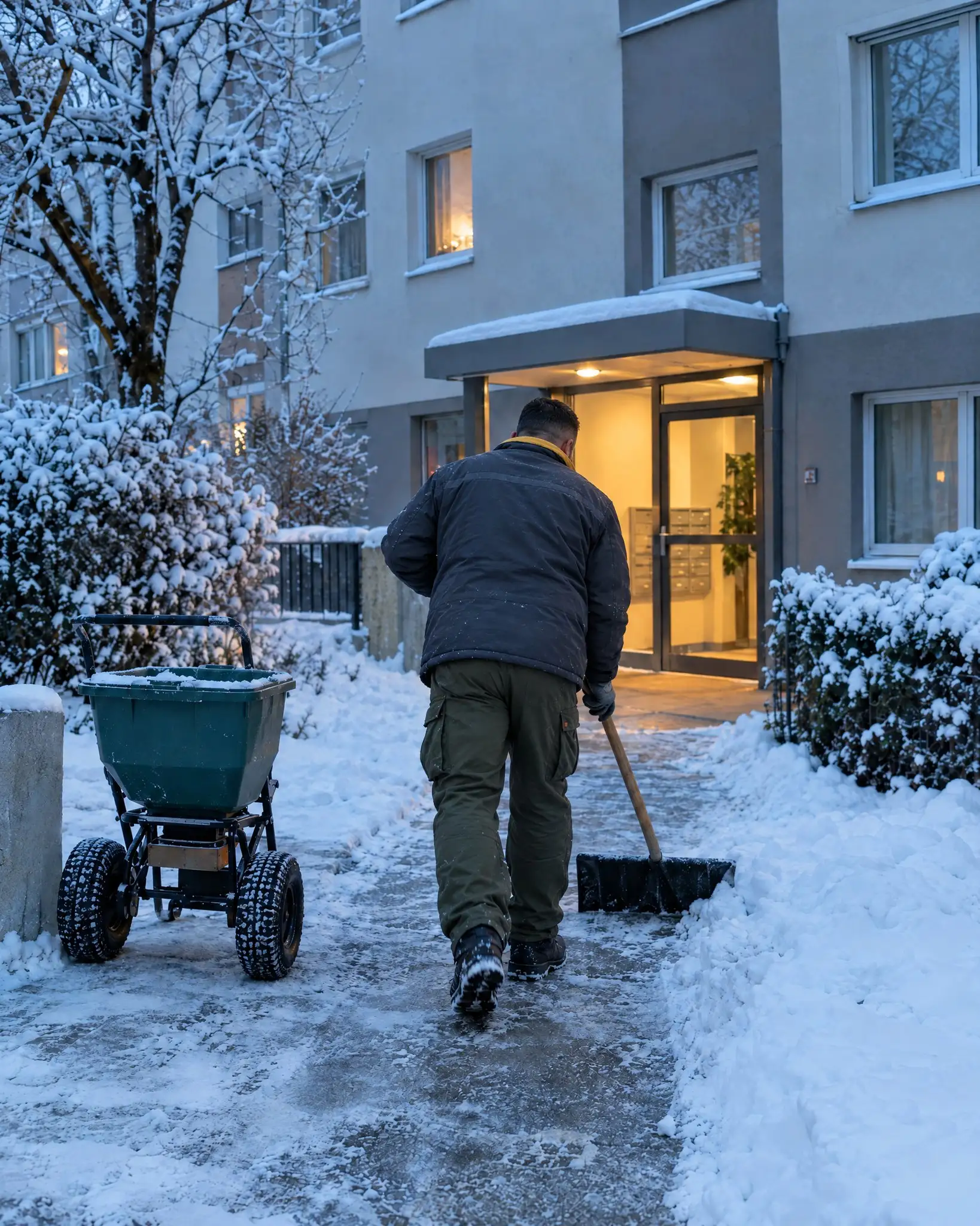 Mann in dunkler Winterjacke räumt, von hinten gesehen, frühmorgens Schnee vor dem Eingang eines Mehrfamilienhauses, daneben ein Streuwagen